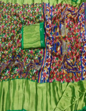 parrot green soft chiffon with golden patta fabric printed work ethnic 