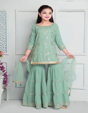 parrot green top - heavy fox georgette with sequance embroidery work | inner - micro cotton | sleeve - quarter sleeve | top length - 3 - 5 yrs - 20 inch | 6 - 8 yrs - 23 inch | 9 - 11 yrs - 26 inch | 12 -15 yrs - 29 inch | sharara - heavy fox georgette ( fully stitched ) | inner - micro cotton | sharara length - 3 - 5 yrs - 24 inch | 6 - 8 yrs - 27 inch | 9 - 11 yrs - 32 inch | 12 - 15 yrs - 35 inch | dupatta - heavy net with less with latkan work  fabric embroidery work casual 