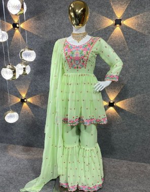parrot green top - heavy fox georgette ( fully stitched ) | top plazzo inner - micro silk | top length - 36 inches | top size - xl up free size ( 42) | plazzo - heavy faux georgette with multi dhaga work ( fully stitched ) | plazzo - length - 42 inches | dupatta - heavy faux georgette with border work ( 2.30 m) fabric embroidery work ethnic 