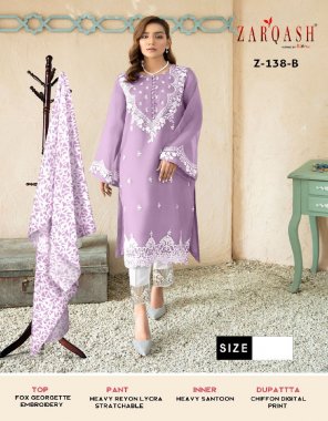purple top - heavy georgette | bottom - cotton stretchable | inner - heavy fabric | dupatta - designer dupatta | size chert - top size - xl ( 42 ) | xxl ( 44 ) | bottom size - xl ( 38 - 42 ) | xxl ( 38 - 44 ) fabric embroidery work ethnic 