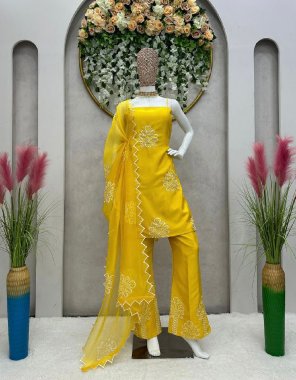yellow suit - chinon silk with inner with thread work | size - upto 42 ( full stitched ) | plazzo - chinon silk with inner | size - free ( full stitched with elastic ) | dupatta - organza silk with thread work ( 2.2m) fabric thread work work festive 