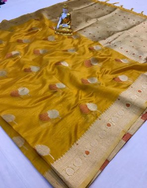 yellow soft organza silk  fabric weaving work party wear 