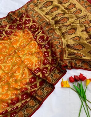 yellow pure bandhej silk  fabric weaving work ethnic 
