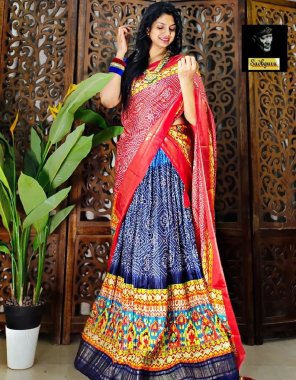 blue lehenga - pure dolla silk with khajuri crushed foil printed | waist - supported with canvas | length - 41 | flair - 4 m | inner - micro cotton | type - stitched | blouse - dolla silk with foil printed ( 1 m) | dupatta - pure dolla silk with viscose border and tassels ( 2.5 m) fabric digital printed work party wear 