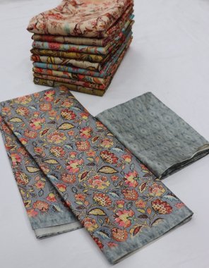 grey soft tusser with kalamkari print fabric printed work ethnic 