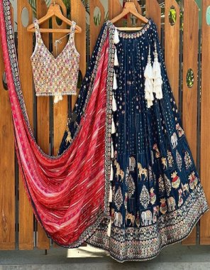 navy blue choli - mono banglory | inner - micro | size - unstitch upto 42 | lehenga - faux georgette | inner- micro | stitching type - semi stitch upto 42 | flair - 3m with canvas with cancan | dupatta - faux georgette thread sequance work with four side lace work  fabric thread sequance work festive 