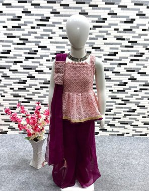 peach top ( kediya style ) - heavy fox georgette with heavy sequance embroidery | inner - micro cotton | top length - 3 - 5 yrs - 17 inch | 6 - 8 yrs - 19 inch | 9 - 11 yrs - 22 inch | 12 - 15 yrs - 24 inch | sarara - heavy fox georgette with fancy sharara | inner - micro cotton | sharara length - 3 - 5 yrs - 24 inch | 6 - 8 yrs - 27 inch | 9 -11 yrs - 32 inch | 12 - 15 yrs - 35 inch | dupatta - heavy fox georgette with heavy latkan  ( full stitched )  fabric embroidery  work ethnic 