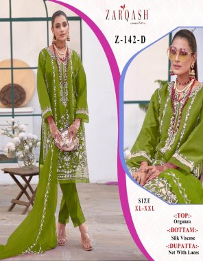 parrot green top - organza with embroidery | bottom - silk viscose | dupatta - net embroidery | top size - xl ( 42 ) | xxl ( 44 ) | bottom size - xl ( 38 - 42 ) | xxl ( 38 - 44 )  fabric embroidery  work festive 