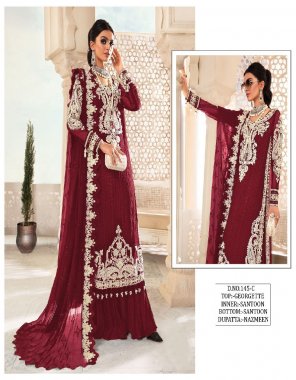 maroon top - heavy georgette with embroidery sequance work | dupatta - heavy nazneen with embroidery | bottom - heavy santoon | inner - santoon | length - 44 