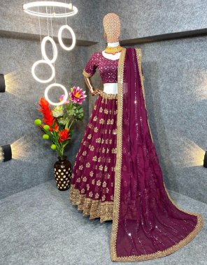 wine lehenga - faux georgette ( canvas patta ) | lehenga inner - micro silk | length - 42 '' inches | width upto 44 to 46 | flair - bottoms 12 kali | type - semi stitched | blouse - faux georgette | type - unstitched | dupatta - faux georgette with fancy lace work ( 2.40 m) fabric embroidery work party wear 