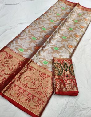 orange tissue silk with swarovski work  fabric weaving work casual 