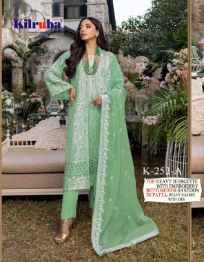 parrot green top - georgette with heavy embroidery | bottom & inner - santoon | dupatta - nazmeen with embroidery 4 side silk border | size - fits upto 56 | length - 46 