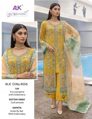 yellow top - georgette with heavy embroidered | bottom - santoon | inner - santoon | dupatta - butterfly net heavy embroidred  fabric embroidery work casual 