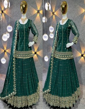 dark green top - faux georgette with heavy embroidery sequance work with sleeves  | inner - heavy micro cotton | top length - 34 inch | top size - 42 xl free size ( fully size ) | lehenga - faux georgette with heavy embroidery and sequance work full flair full flair ( full stitched ) | dupatta - faux georgette with embroidery work four side embroidery lace border ( 2.40 m) fabric embroidery work casual 