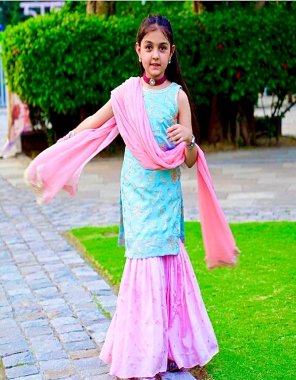 sky blue top ( kurti style ) - heavy fox georgette with heavy ribbon embroidery work | inner - micro cotton | top length - 3 -5 yrs - 24 inch | 6 -8 yrs - 28 inch | 9 - 11 yrs - 32 inch | 12- 15 yrs - 35 inch | sharara - heavy fox georgette seuqnace embroidery ( fancy sharara ) | inner - micro cotton | sharara - 3 - 5 yrs - 24 inch | 6 - 8 yrs - 28 inch | 9 - 11 yrs - 32 inch | 12 - 15 yrs - 36 inch | dupatta - heavy fox georgette sequance embroidery ( full stitched )  fabric embroidery work festive 
