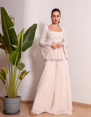 white top - faux georgette with embroidery sequance moti latkan lace border with fancy sleeve with tassels | top inner - micro cotton | top length - 34 - 35 inch | top size - 42 xl free size | xxl 44 margin | plazzo - faux georgette with elastic | inner - micro cotton | plazzo length - 40-41 inch | dupatta - faux georgette with four side fancy lace border ( 2.20 m) fabric sequance embroidery  work party wear 