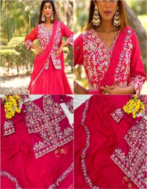 pink heavy chinon silk | inner - micro cotton | jacket / koti - embroidered work full stitched | flair - 3.5 m | size - 42 xl stitched upto xxl 44 margin ( fully stitched )  fabric embroidery work festive 