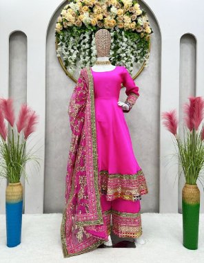 pink top - tapeta silk | inner - micro | stitching type - upto 42 full stitch | flair - 3.5m | height - 48 | plazo - tapeta silk with thread seuqnace work | stitch - full stitch upto 44 with elastic | dupatta - soft net with thread seuqnace work  fabric embroidery work party wear 