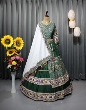 dark green lehenga - buttersilk with fancy digital printed & fancy handwork | inner - silk | length - 42 -44 inch | flair - 6m ( double layer flair ) | type - stitched |  choli - buttersilk with fancy digital print work | size - 1.20 ( unstitched )  | dupatta - buttersilk with fancy digital printed fancy latkan work ( 2.20m) fabric digital printed work casual 