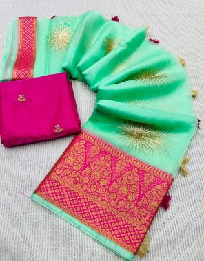 parrot green kanchipuram organza with jacquard border with heavy jacquard butti | blouse - satin worked fabric jacquard work ethnic 