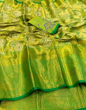 parrot green tissue silk with sworashki work fabric weaving work party wear 
