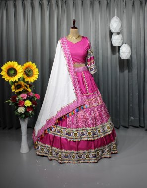 pink lehenga - buttersilk with digital printed & real mirror work | inner - silk | length - 42 -44 inch | flair - 6 m ( double layer flair ) | type - stitched | choli - buttersilk with fancy digital print work | size - 1.20m ( unstitched ) | dupatta - buttersilk with digital print  & latkan lace ( 2.20 m) fabric digital printed work casual 