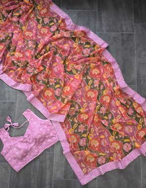 pink saree - georgette floral printed with sequance | blouse - georgette embroidery sequance ( full stitched ) | size - xl full stitched fabric printed work festive 