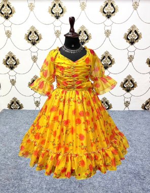 yellow gown - soft organza silk with digital print with fancy sleeve with ( gown belt ) | inner - micro cotton | gown length - 3 - 5 yrs - 35 inch | 6 - 8 yrs - 40 inch | 9 - 11 yrs - 45 inch | 12 - 15 yrs - 50 inch fabric printed work ethnic 