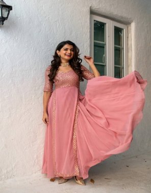 pink gown - heavy faux georgette with embroidery sequance work | sleeves - half sleeves with fancy embroidery sequance work | inner - heavy micro cotton ( both side work ) | length - 54 - 56 inch | flair - 8m | gown size - xl stitched with xxl margin | dupatta -  heavy faux georgette  with embroidery sequance work  fabric embroidery work festive 