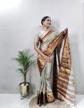 silver saree - soft cotton silk with zari weaving & embroidered work | size - 30 - 34 ( free size ) | blouse - contrast blouse | size - unstitched ( 1 m) fabric weaving work party wear 