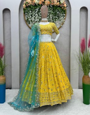 yellow choli - faux georgette | inner - micro | size - unstitch upto 42 | lehenga - faux georgette | inner - micro | stitching type - semi stitch upto 42 | flair - 3m with cancan with canvas | dupatta - soft net embroidery with sequance work fabric embroidery work festive 