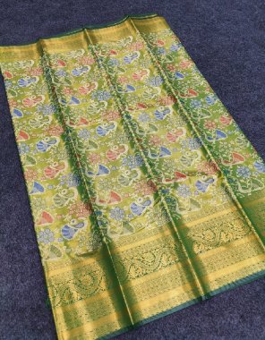 parrot green soft tissue silk with kanchi border fabric weaving work casual 