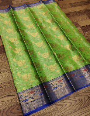 parrot green soft tissue silk with kanchi border fabric weaving work festive 