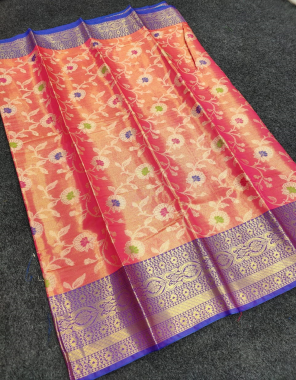 orange soft tissue silk with kanchi border fabric weaving work party wear 