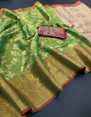 green tissue silk with sworashki work fabric weaving work ethnic 