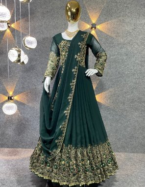 dark green gown - fox georgette with embroidery work with full sleeves | inner - micro cotton | length - 53 inch | flair - 3.10 m | gown size - upto 42 xl free size ( fully stitched ) | dupatta  - fox georgette with work with four side embroidery less border ( 2.30 m)  fabric embroidery work festive 