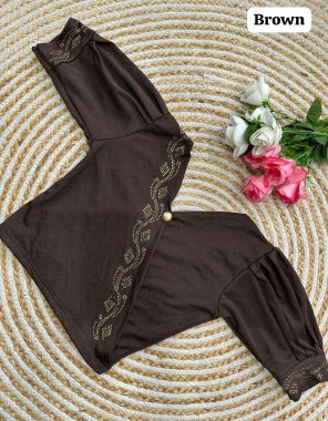 brown lycra stretchable blouse with sirojki work | height - 14.5 | sleeves - 10 inch with frill | pattern - round neck back round design fabric siroski work work party wear 