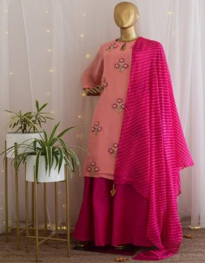 pink top - heavy georgette with embroidery work | inner - micro cotton | top length - 44 inch | plazzo - heavy georgette | inner - micro cotton | plazzo length - 44 inch ( fully stitched ) |dupatta - georgette with digital printed with latkan ( 2.20m)  | size - 42 xl stitched ( upto xxl 44 margin ) fabric embroidery work festive 