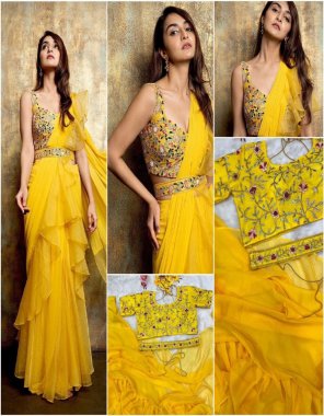 yellow saree - apple organza silk | flair - 4m | embroidered belt | inner - heavy micro cotton | blouse - banglory silk with thread embroidery sequance work ( full stitched ) | dupatta - apple organza silk with ruffle ( 3.10 m)  | size - 42 xl stitched ( free size upto xl) fabric embroidery work party wear 