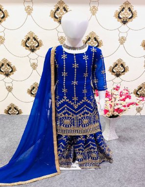 navy blue top - heavy fox georgette with heavy embroidery sequance work with sleeves ( fully stitched ) | inner - micro cotton | sleeves - quarter sleeves | top length - 3 - 5 yrs - 24 inch | 6 - 8 yrs - 23 inch | 9 - 11 yts - 26 inch | 12 - 15 yrs - 29 inch | sharara - heavy fox georgette with heavy sequance embroidery work ( fully stitched ) | inner - micro cotton | sharara - 3 - 5 yrs - 24 inch | 6 - 8 yrs - 27 inch | 9 - 11 yrs - 32 inch | 12 - 15 yrs - 35 inch | dupatta - heavy fox georgette with less ( fully stitched )  fabric embroidery work party wear 