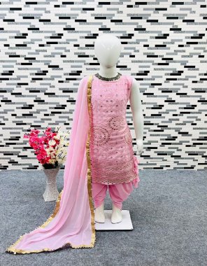 pink top - heavy fox georgette with heavy embroidery sequance work with fancy latkan dori back side zip with extra margin ( fully stitched ) | inner - micro cotton | sleeves - extra sleeves | top length - 3 - 5 yrs - 24 inch | 6 - 8 yrs - 27 inch | 9 - 11 yts - 32 inch | 12 - 15 yrs - 35 inch | dhoti - heavy fox georgette ( fully stitched ) | inner - micro cotton | sharara - 3 - 5 yrs - 24 inch | 6 - 8 yrs - 28 inch | 9 - 11 yrs - 32 inch | 12 - 15 yrs - 36 inch | dupatta - heavy fox georgette with less ( fully stitched )  fabric embroidery work festive 