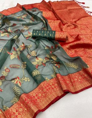 green banarasi soft silk fabric weaving work casual 