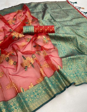 red banarasi soft silk fabric weaving work ethnic 