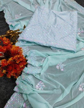 sky blue saree - faux georgette embroidery sequance work | blouse - daimond silk both side work  fabric embroidery work festive 