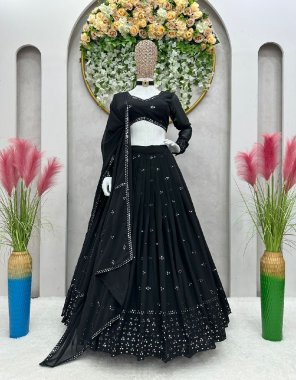 black choli - faux georgette | inner - micro | size - unstitch upto 42 | lehenga - faux georgette | inner - micro | stitching type - semi stitch upto 42 | flair - 3m with cancan with canvas | dupatta - faux  georgette with embroidered with sequance work  fabric sequance work party wear 