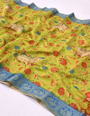 parrot green zari based tissue silk with pichwai pattern  fabric printed work casual 