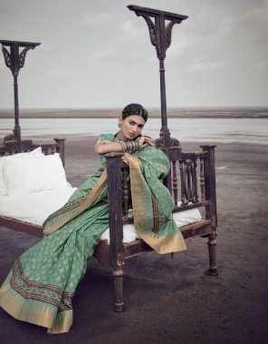 green chhapa silk with weaving border fabric digital print work casual 