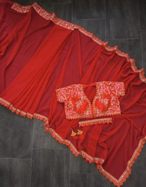 red saree - heavy georgette | blouse - mono banglory silk with embroidery ( full stitched ) | blouse size - xl ( 42 ) | embroidery belt fabric embroidery work casual 