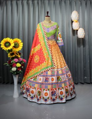 orange lehenga - buttersilk with fancy digital printed & real mirror work | inner - silk | length - 42 -44 inch | flair - 4 m | type - semi stitched | choli - butter silk with digital printed with real mirror work ( both side work ) | size - unstitched ( 1.20 m) | dupatta - buttersilk digital printed with real mirror work ( 2.20 m) fabric digital printed work casual 