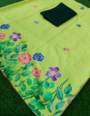 parrot green soft crape silk with unstitch blouse fabric digital printed work festive 